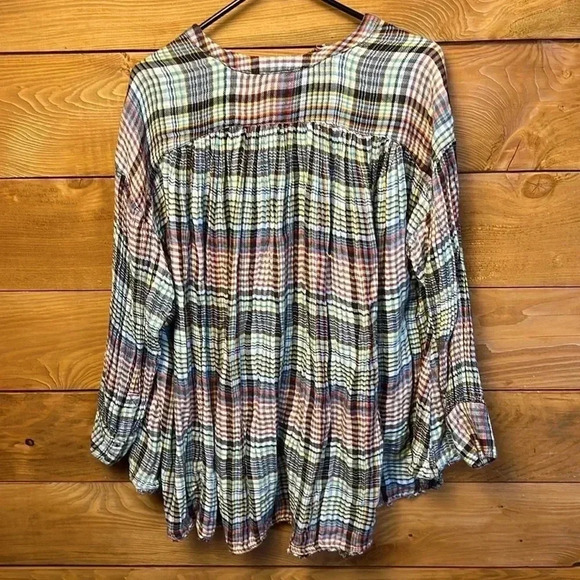 Womens preworn Free People small long sleeve button up plaid brown red green blu - Picture 5 of 8